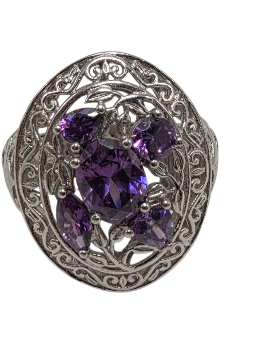 STS Karis Purple Amethyst Oval Filigree Ring Ornate Cocktail Statement Size 7